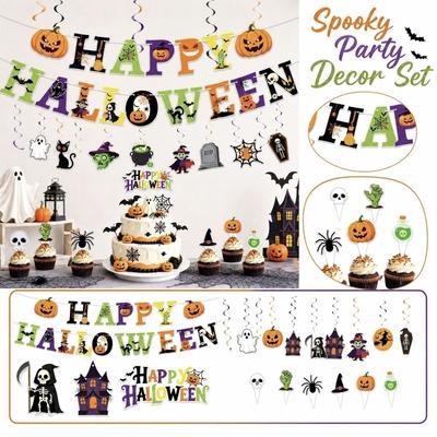 Halloween Party Banner Decoration Set with Letter Flags and Halloween Character Cutouts for Indoor Outdoor Seasonal Celebration