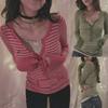 Women Autumn TopsLong Sleeve Button Neck Stripe Knit Shirts Y2K Aesthetic T-shirt Grunge Tops