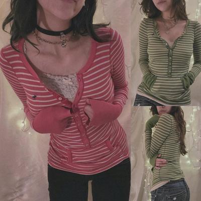 Top Autunnali da Donna Manica Lunga Collo a Bottoni Maglia a Righe T-shirt Estetica Y2K Top Grunge