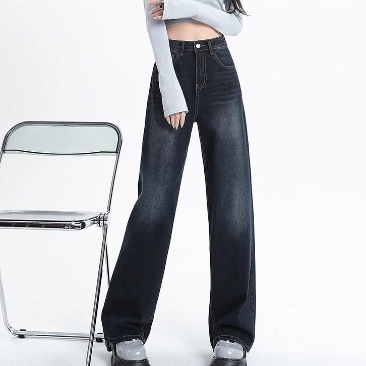 Dark Blue Wide-leg Jeans for Women In Autumn and Winter New High-waist Casual Straight Loose Floor Pants American Retro