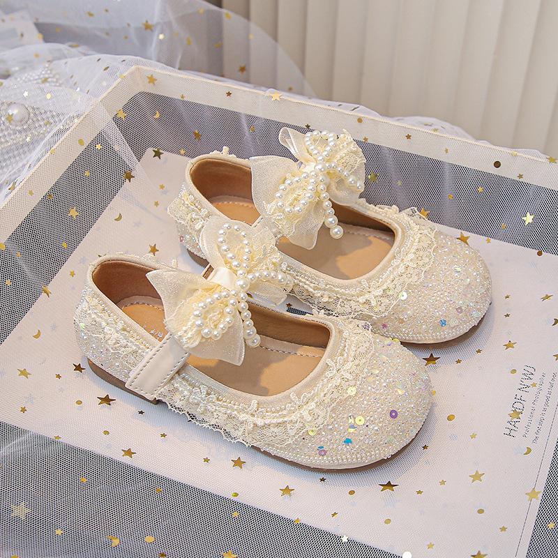 Kids Sequin Pearl Bow Mary Jane Dress Shoes 23
