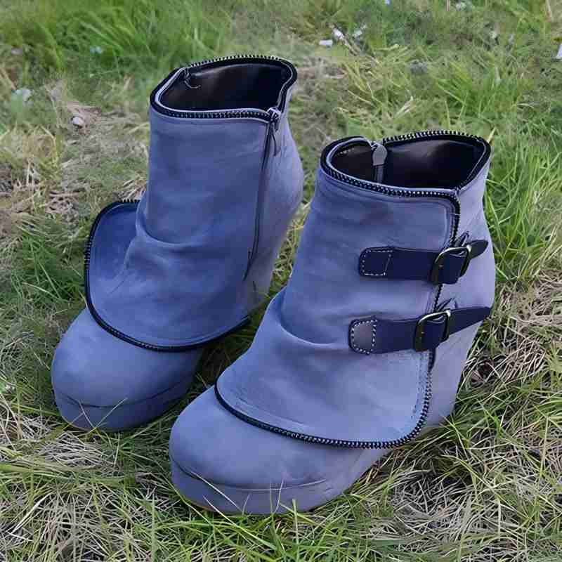 Fashion Women Warm Chunky Heeled Ankle Boots Fashion Retro Botas Mujer Suede Wedge Zipper Solid Color Round Toe Shoes Ladies Short Boots