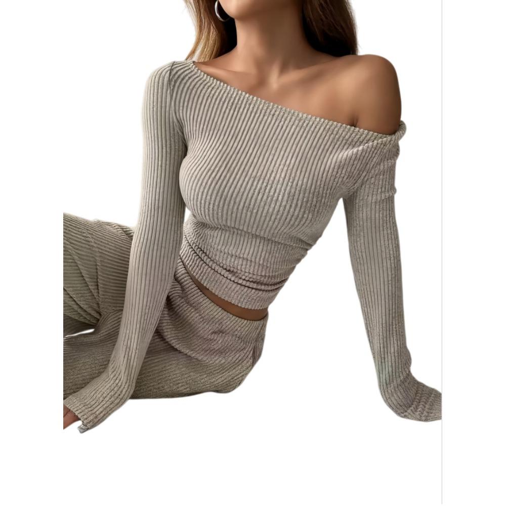 Herbst- und Wintermode Lässiges Set für Damen: Langärmeliges Crop-Top und Lange Hose Zweiteiler