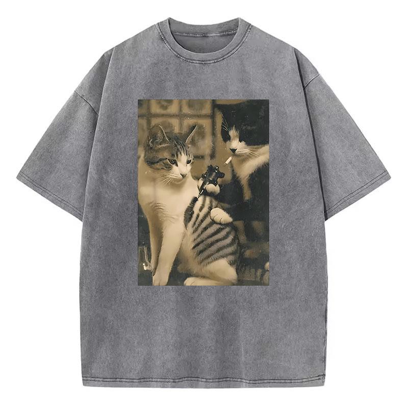 Gewassen Katoenen T-shirt Retro Rokende Kat Ontwerp Geprint Grafisch T-shirt Casual Streetwear Lente Zomer T-shirt Vintage