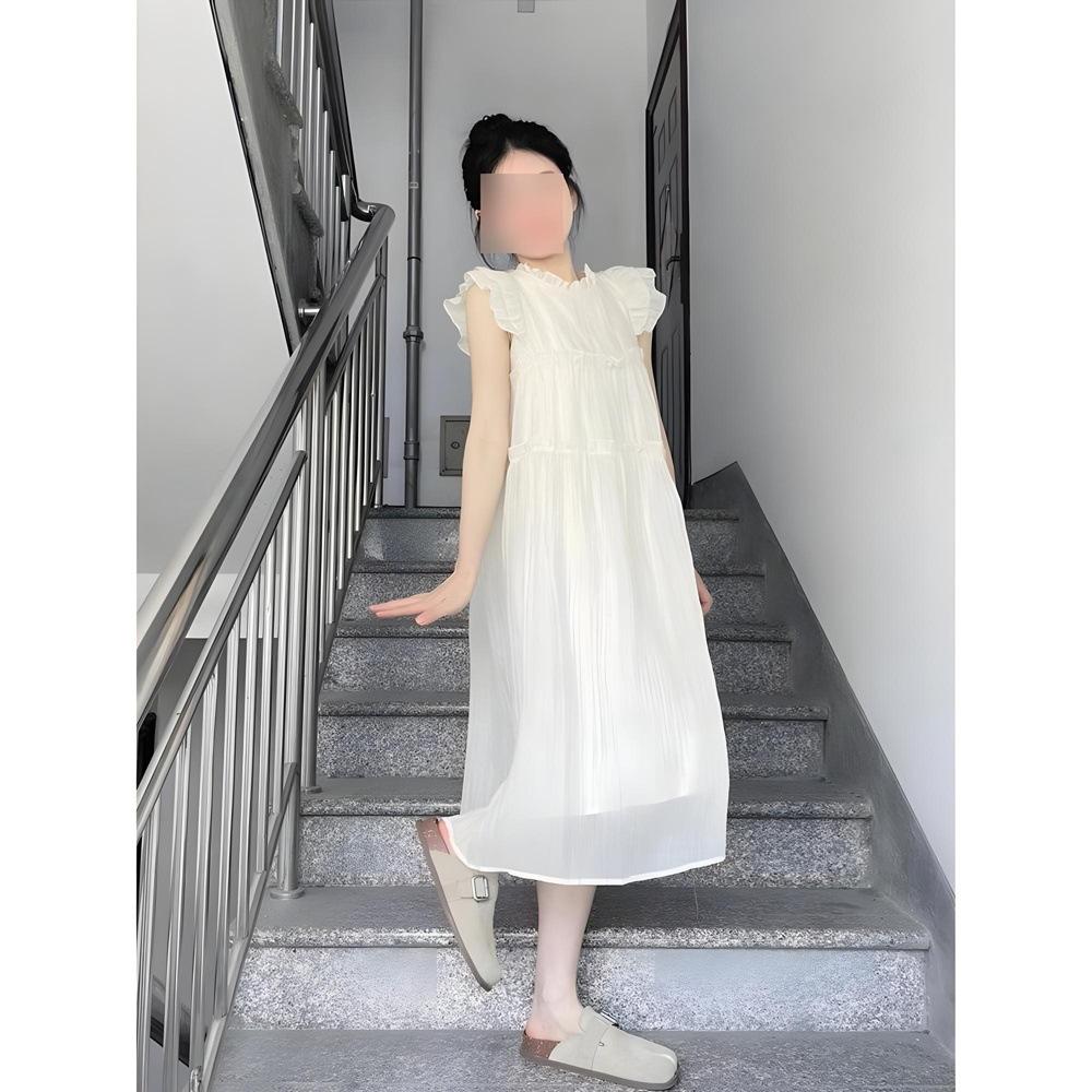 French Temperament Seaside Vacation Fairy Long Dress Small Flying Sleeves White Girl Casual Dress Children's Summer New