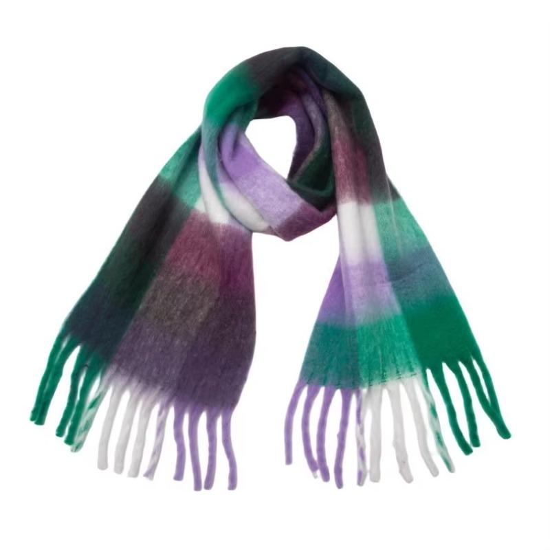 Winter Yarn Thicken Style Luxury Multicolour Plaid Faux Mohair Scarf Women Tassel Long Ring