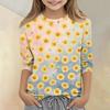 Girls Floral Print Crew Neck Three Quarter Sleeve Casual T Shirt Lightweight Soft Fabric Comfortable Fit Everyday Wear