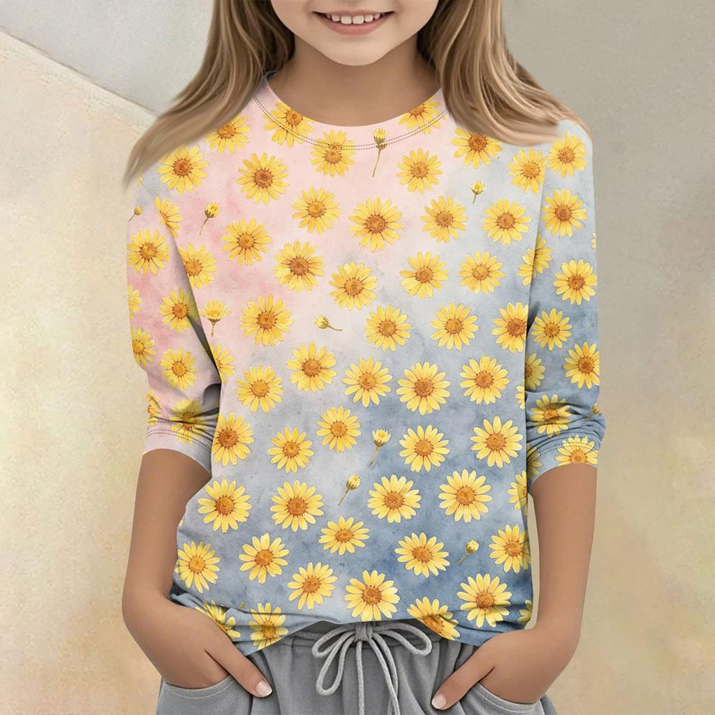 Girls Floral Print Crew Neck Three Quarter Sleeve Casual T Shirt Lightweight Soft Fabric Comfortable Fit Everyday Wear