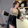 New Sexy Pajamas Women's Spring, Summer and Autumn Small Breasts Gather with Chest Pads, High-end Ice Silk Lace Edge Suspender Nightdress Robe