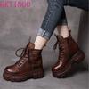 Fashion GKTINOO Women's Genuine Leather Ankle Boots Women Autumn Winter Lace Up Women Punk Boots Flat Ladies Shoes Woman Botas Mujer