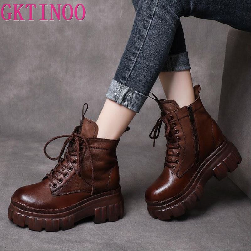 Fashion GKTINOO Women's Genuine Leather Ankle Boots Women Autumn Winter Lace Up Women Punk Boots Flat Ladies Shoes Woman Botas Mujer