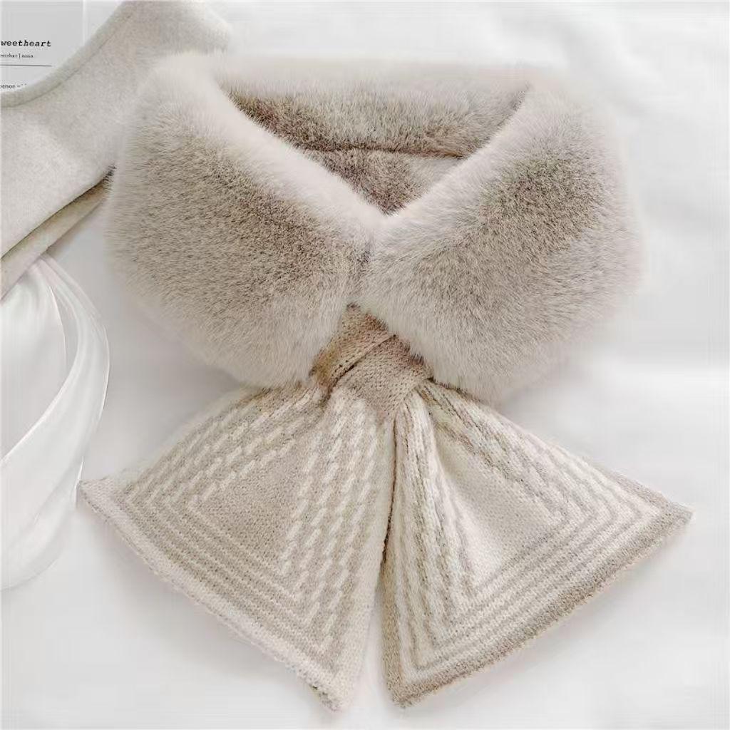 Korean Style Women's Fluffy Faux Mink Scarf - Thick Striped Fur Collar & Neck Warmer