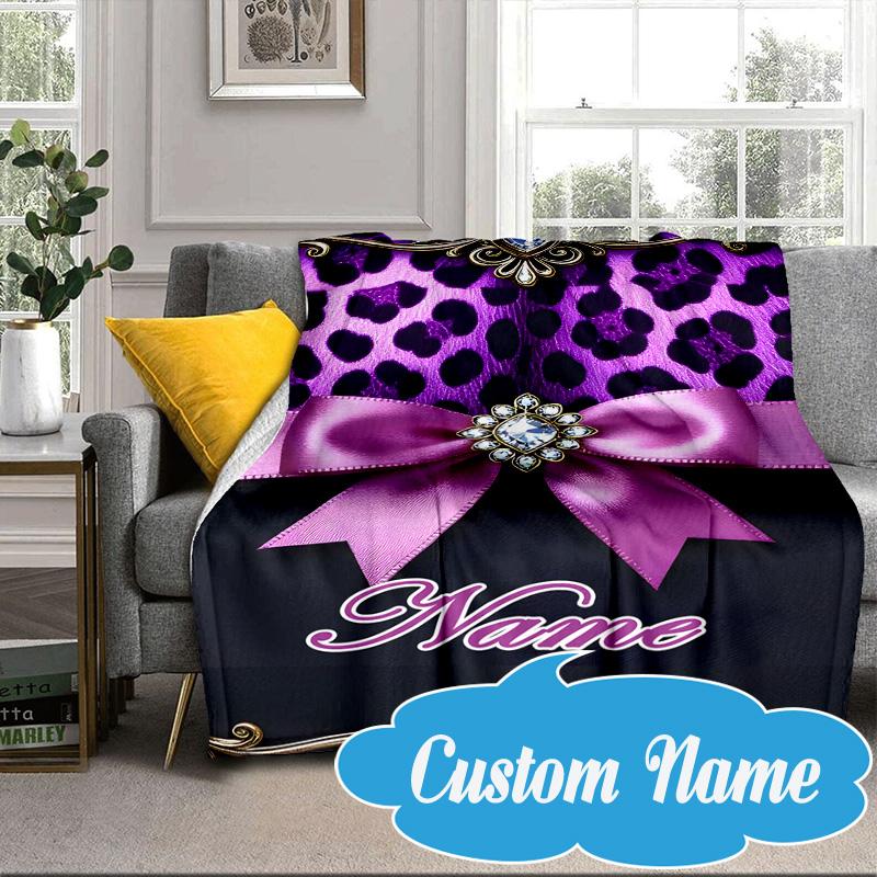 Custom Name Leopard Print Bow Blanket bed sofa Blanket Flannel Blanket for Camping, Hiking, Picnic Essentials,gift for Fan family