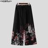 INCERUN Men Elastic Waist Floral Print Bandage Casual  Long Wide Legs Pants