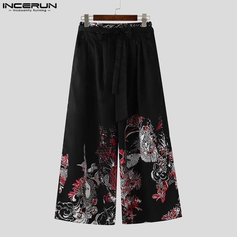 INCERUN Men Elastic Waist Floral Print Bandage Casual  Long Wide Legs Pants