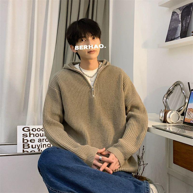 Men's Gray Cleanfit Half-Zip Hooded Sweater - Casual, Cool American Style Knitted Jacket