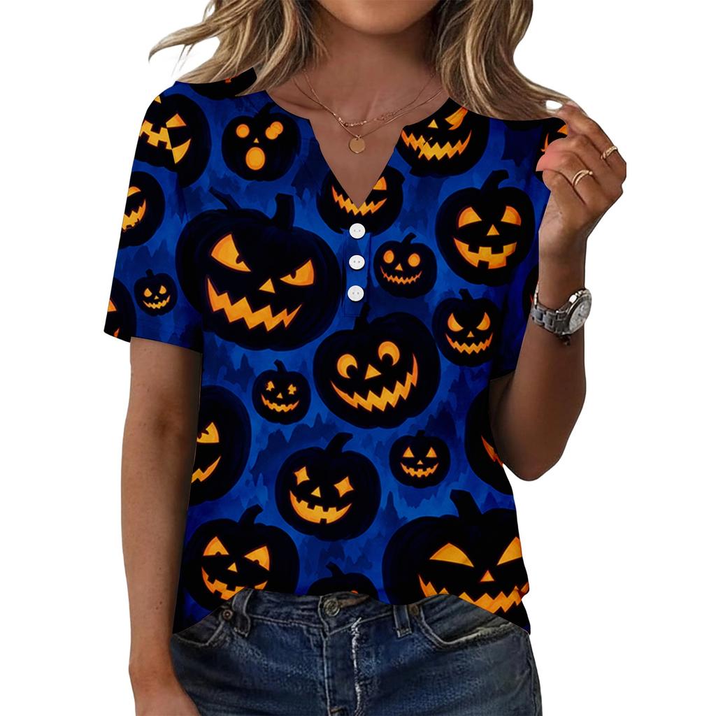 Damen Halloween Print V-Ausschnitt Kurzarm Knopfleiste T-Shirt