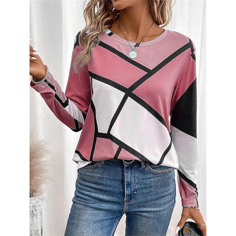 New Women's Autumn Long-Sleeve T-Shirt Stylish Color-Block Print Crew Neck Casual Yet Comfortable Style Perfect for Commuting