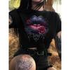 European Sizes Women'S Gothic T-Shirt - Black with Red Lips & Roses Graphic - Soft Everyday & Halloween Outfit