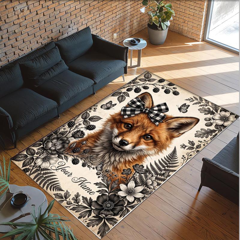 Fox Theme Crystal Velvet Floor Rug Personalized Custom Name Text Warm Carpet Home Decoration