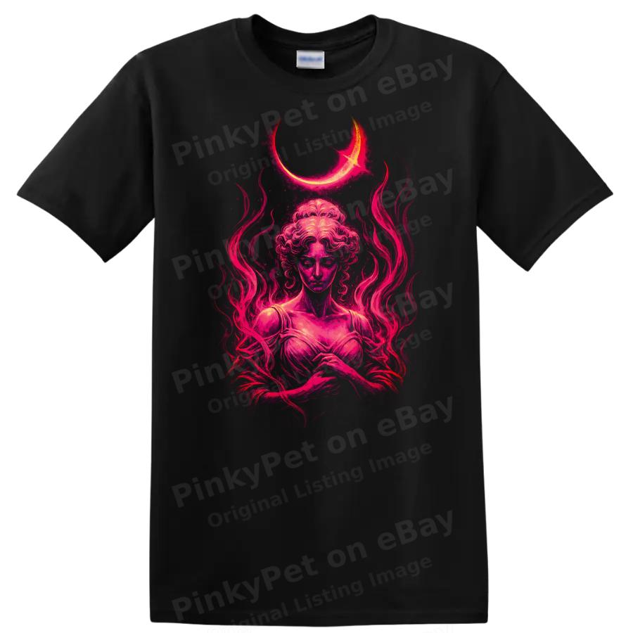 Camiseta Gráfica de Deusa Mística Arte Fantasia ao Luar Camiseta Urbana Escura