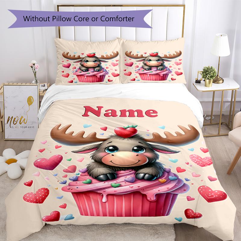 3pcs Custom Name Christmas Reindeer Bedding Set Duvet Cover Closure Includes 1 Duvet Cover & 2 Pillowcases, Soft and Comfortable for All Seasons.