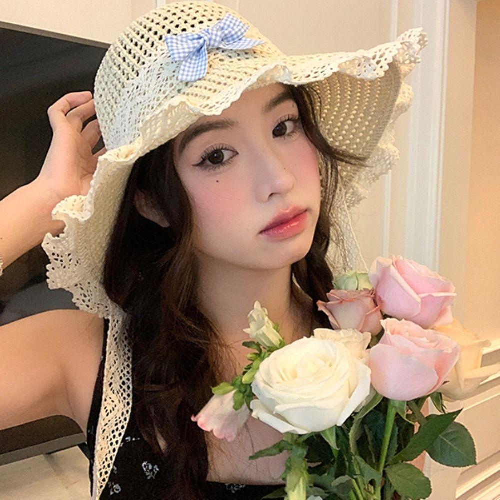 French Style Bow Ribbon Straw Hat Sweet Women's Sun Hat Sunscreen Lace Bucket Hat  Outdoor