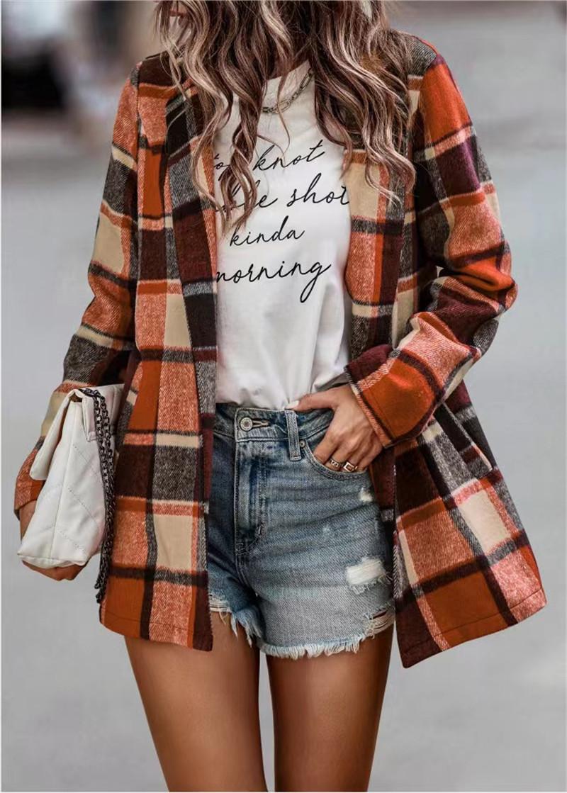 2023  and American cross-border TEMU women s clothing, loose plaid printing long-sleeved pockets woolen jacket cardigan S
