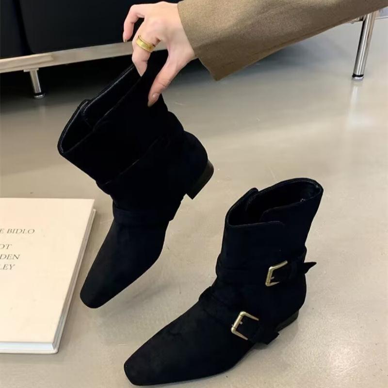 

2025 корейская версия осень новый нишевый дизайн ретро французские короткие сапоги маленький квадратный носок ковбойские сапоги полусапоги женские сапоги 40 чёрный