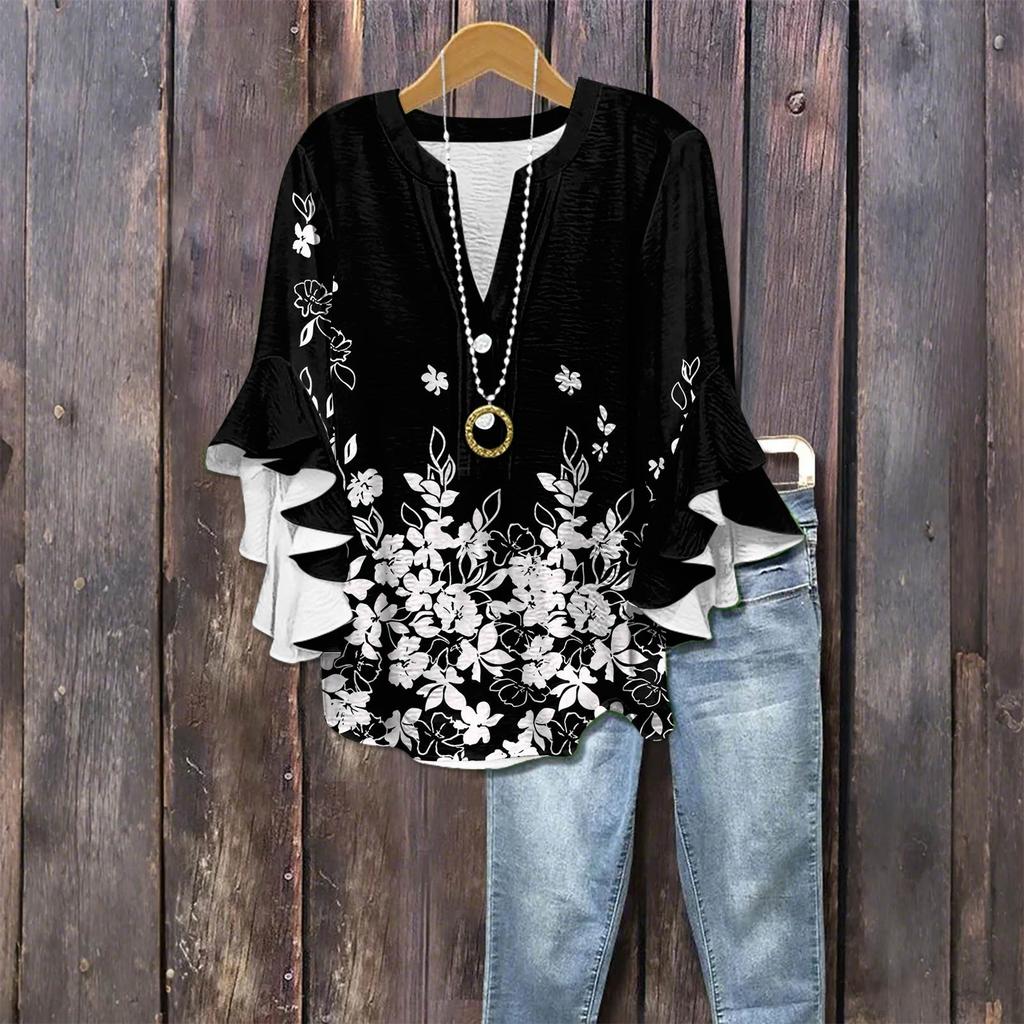 Women's Fashion Casual Button V-Neck Seven Sleeve Vintage Printed Shirt Top