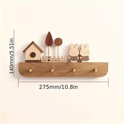 A Handmade Wooden Key Hook Set with a Cute Rabbit Statue - Wall-mounted, Polished and Stylish, Perfect for Your Entrance