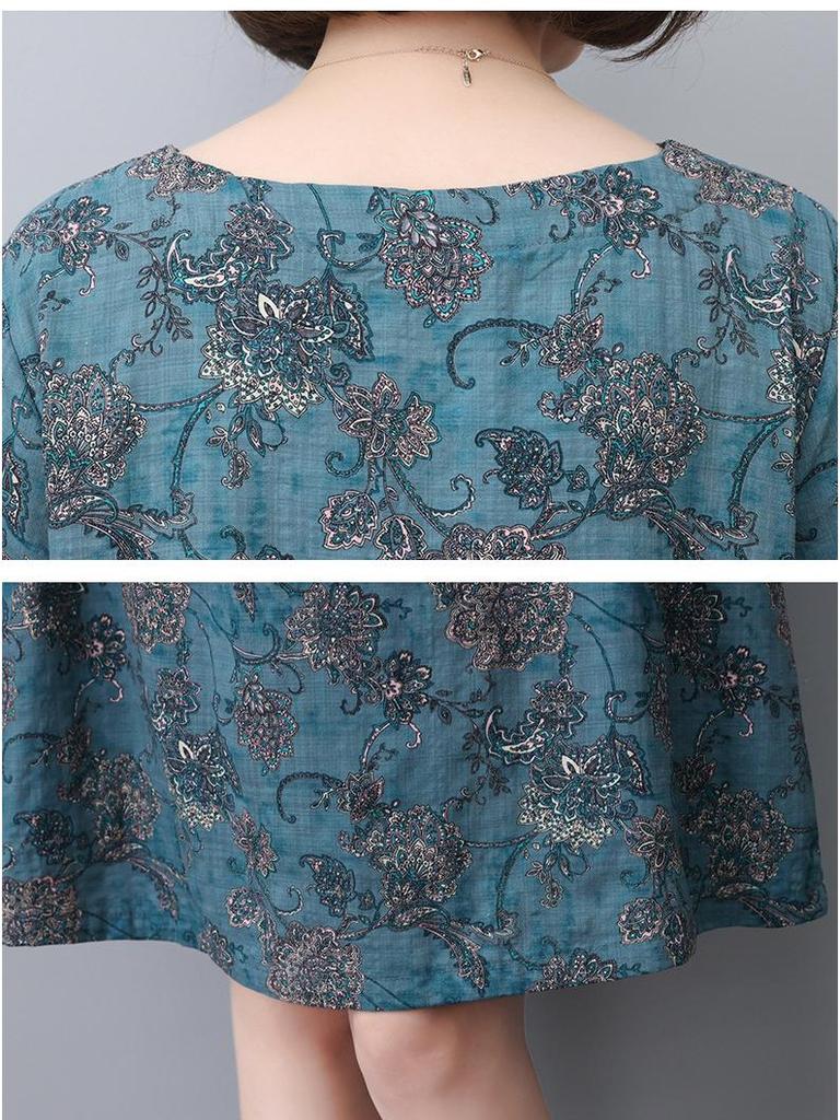 Floral Linen A-Line Dress for Women, 2024 Summer Collection – Elegant Slimming Style for Middle-Aged Mothers