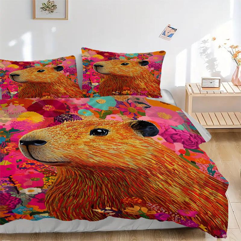 

3PCs Capybara Print Design Cover Set, Breathable Fabric, Machine Washable (1 Duvet Cover + 2 Pillowcases) (Without Quilt) yy250911078 135x200cm