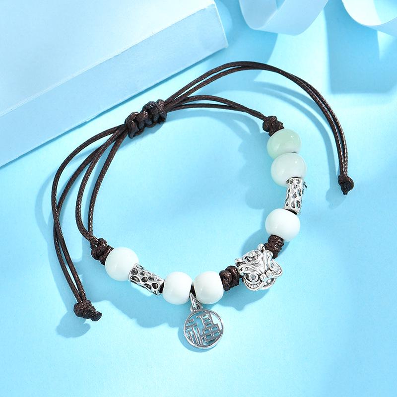 

Ретро керамічний браслет з намистин - Жіночий бренд Lion Fu ручної роботи плетений шнур, Унісекс прикраса для пар та студентів.