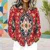 Women Plus Size Collared Long Sleeve Printed Red Floral Button Front Shirt Curved Hem