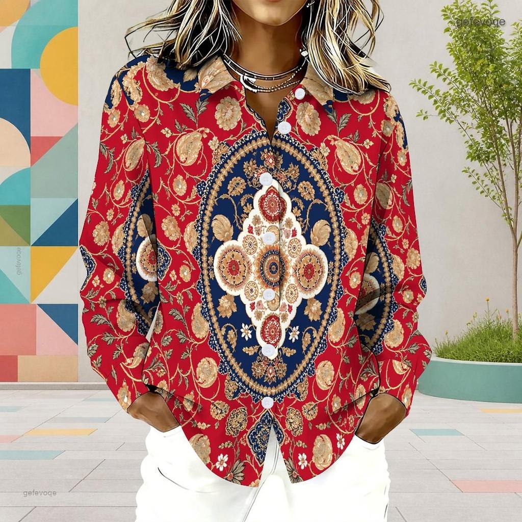 Women Plus Size Collared Long Sleeve Printed Red Floral Button Front Shirt Curved Hem