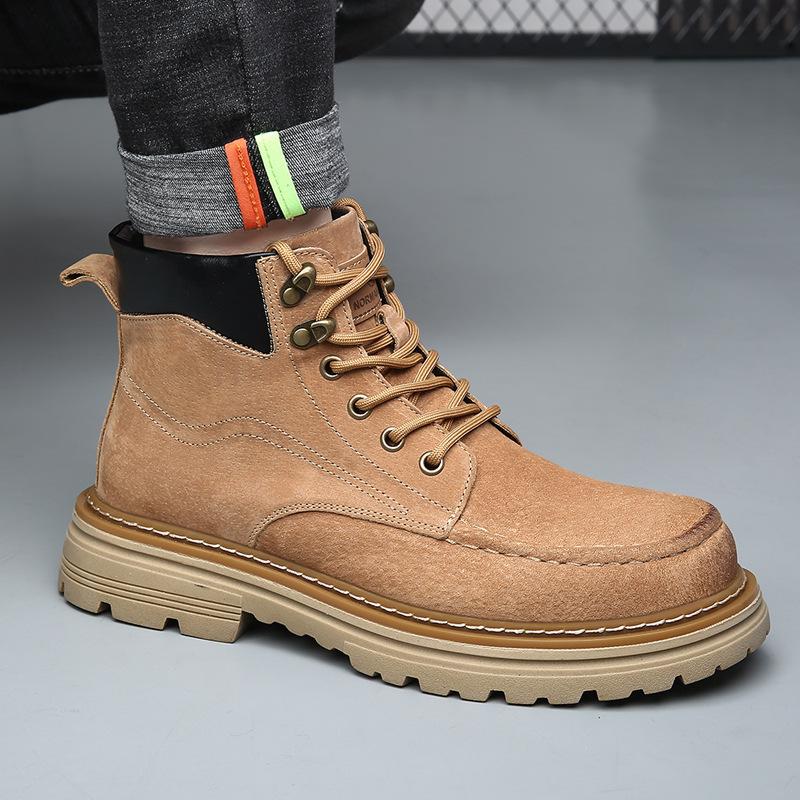 Autumn Winter New Pig Leather Boots Men British Fashion Casual Outdoor Work Boots Man Solid Color Designer Platform Shoes Male