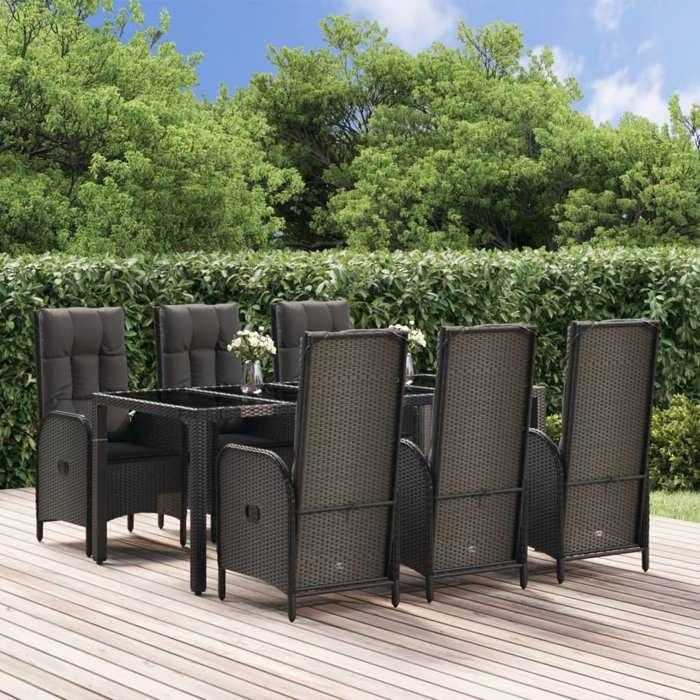 VidaXL Ensemble à manger jardin et coussins 7 pcs Noir et gris Rotin, ensemble de salle à manger, ensemble de salle à manger 3185057