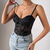 Damen Sexy Transparentes Netz Patchwork Tief ausgeschnittenes Korsett Taillen Crop Cami Top