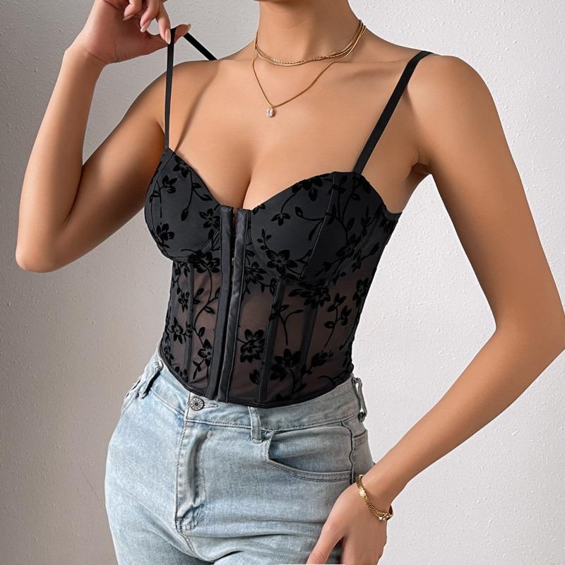Damen Sexy Transparentes Netz Patchwork Tief ausgeschnittenes Korsett Taillen Crop Cami Top