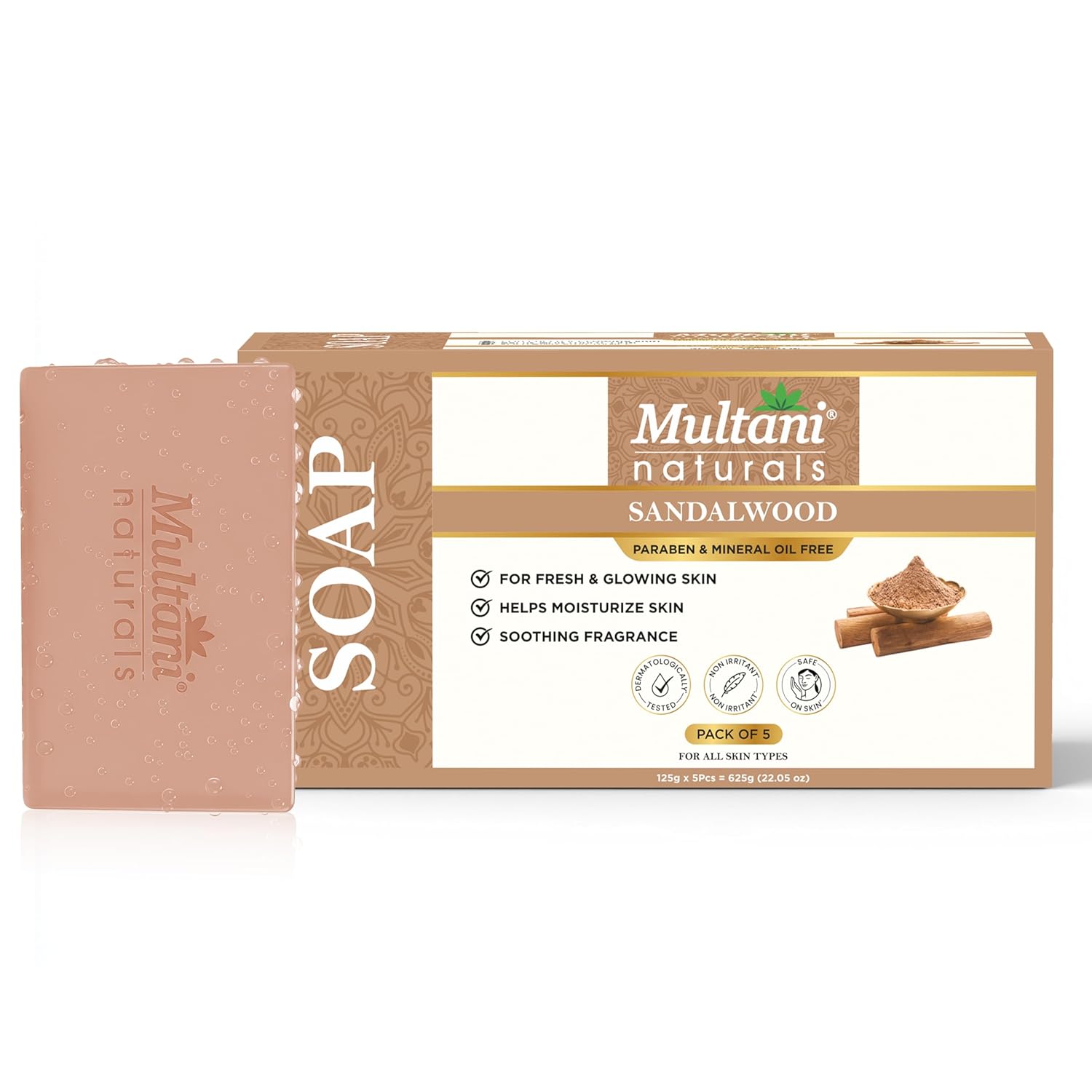 Multani Natural Sandalwood Ayurvedic Soap Bars Pack Of 5 Pcs Deep Cleansing Bath Soap For Hydrated Smooth Skin All Types