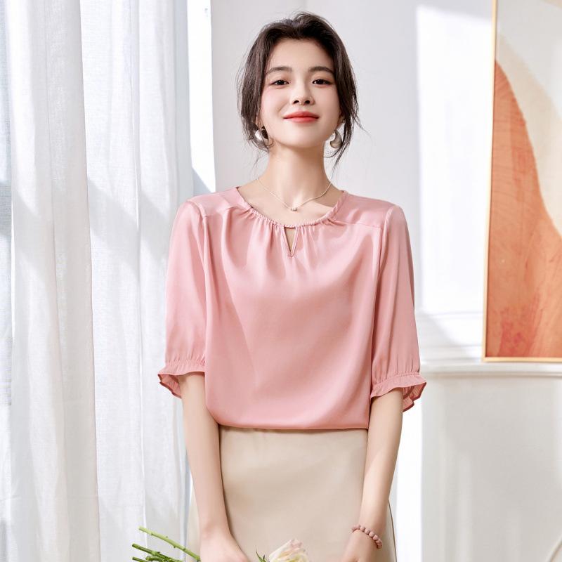 

Elastic Double Joe Silk Shirt Summer Women s Fashion Crew Neck Casual Medium Sleeve Mulberry Silk Shirt 3XL