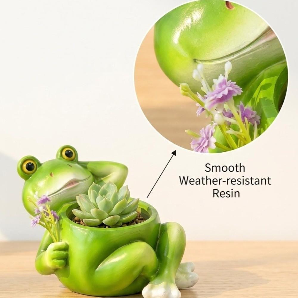 Flower Planter Resin Frog Flower Pot Decorative Cartoon Succulent Planter with Drainage Hole Flower Container Office