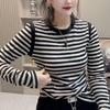 Loose Fit Striped Black & White Patchwork Long Sleeve T-shirt - Korean Style, Casual Plus Size Base Top for Autumn