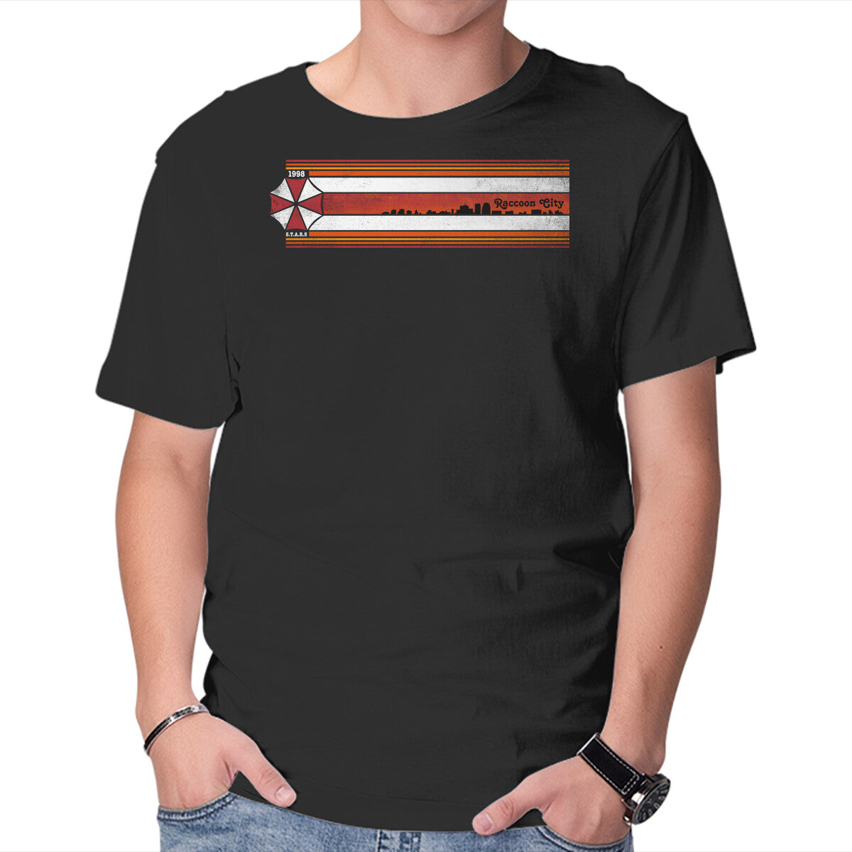 Unisex Crew Neck T-Shirt Raccoon City 98 Graphic Short Sleeve Casual Tee M