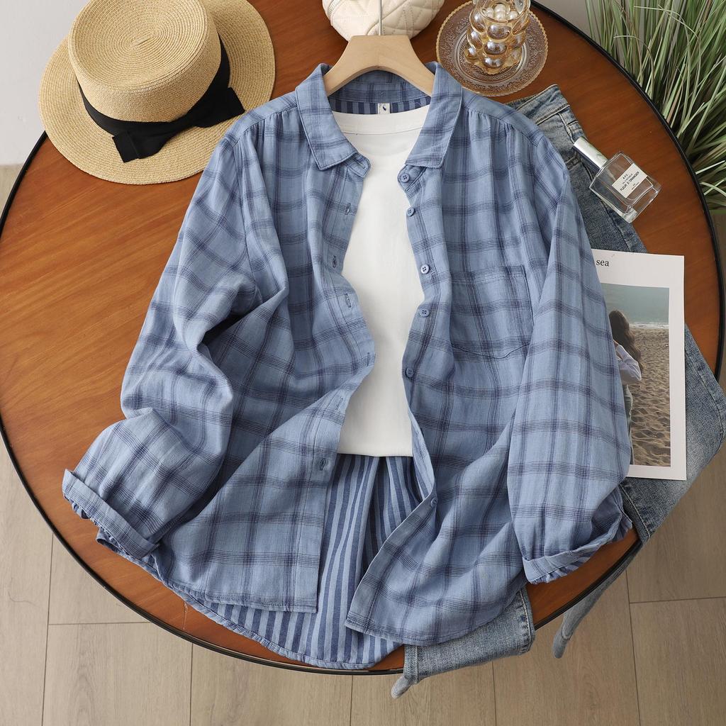 Women's Fresh Plaid Long Sleeve Shirt - Lightweight Sun Protection, Double Layer Cotton Gauze, Spring/Summer 2026.