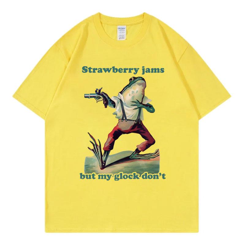 Strawberry Jams But My Glock Dont Funny Frog Meme Tshirt High Quality Fashion Oversized T Shirt Unisex Casual Cotton Tshirts