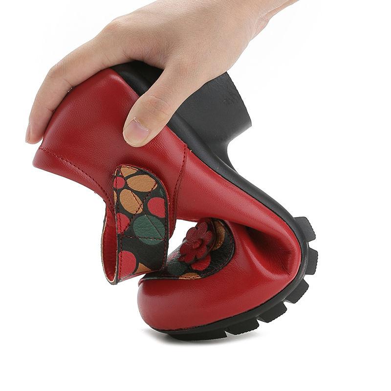 Sapatos femininos vintage de couro legítimo, elegantes, rasos, grossos, com sapatos femininos, plataforma, sapatos femininos vermelhos