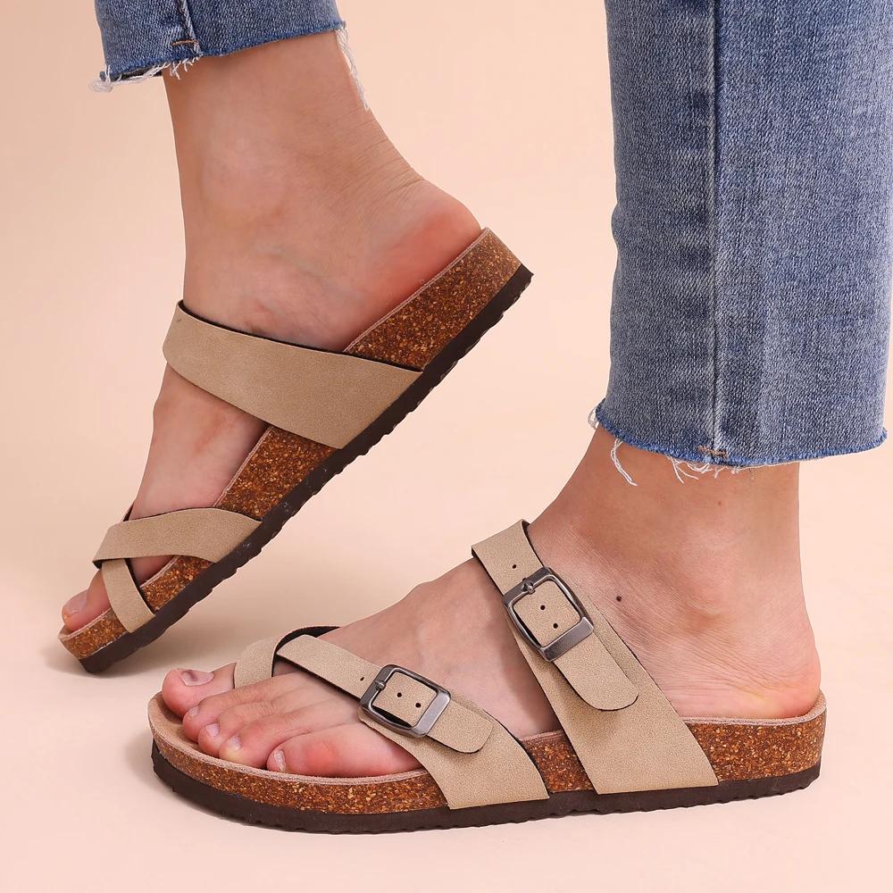 Fashion Kidmi New Fashion Women's Sandals Summer Cork Clogs Sandals Classic Women Mules Soft Suede Beach Slides With Adjustable Buckle