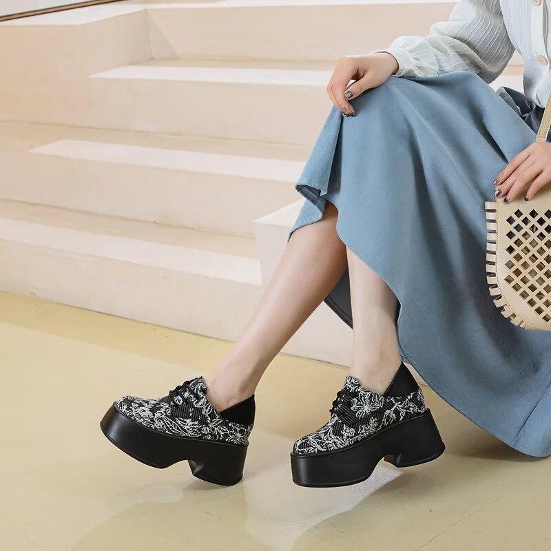 Fujin 11cm Denim Print Cloth Platform Wedge Shoes Chunky Sneaker Comfy High Brand Spring Autumn Casual Synthetic Leather Shoes